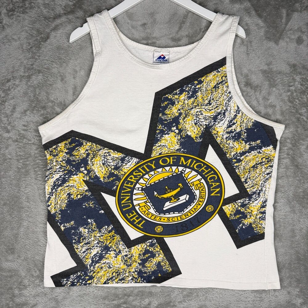 Vtg 90s Michigan Wolverines Tank Top Shirt Mens Large Big Print Apex One Logo